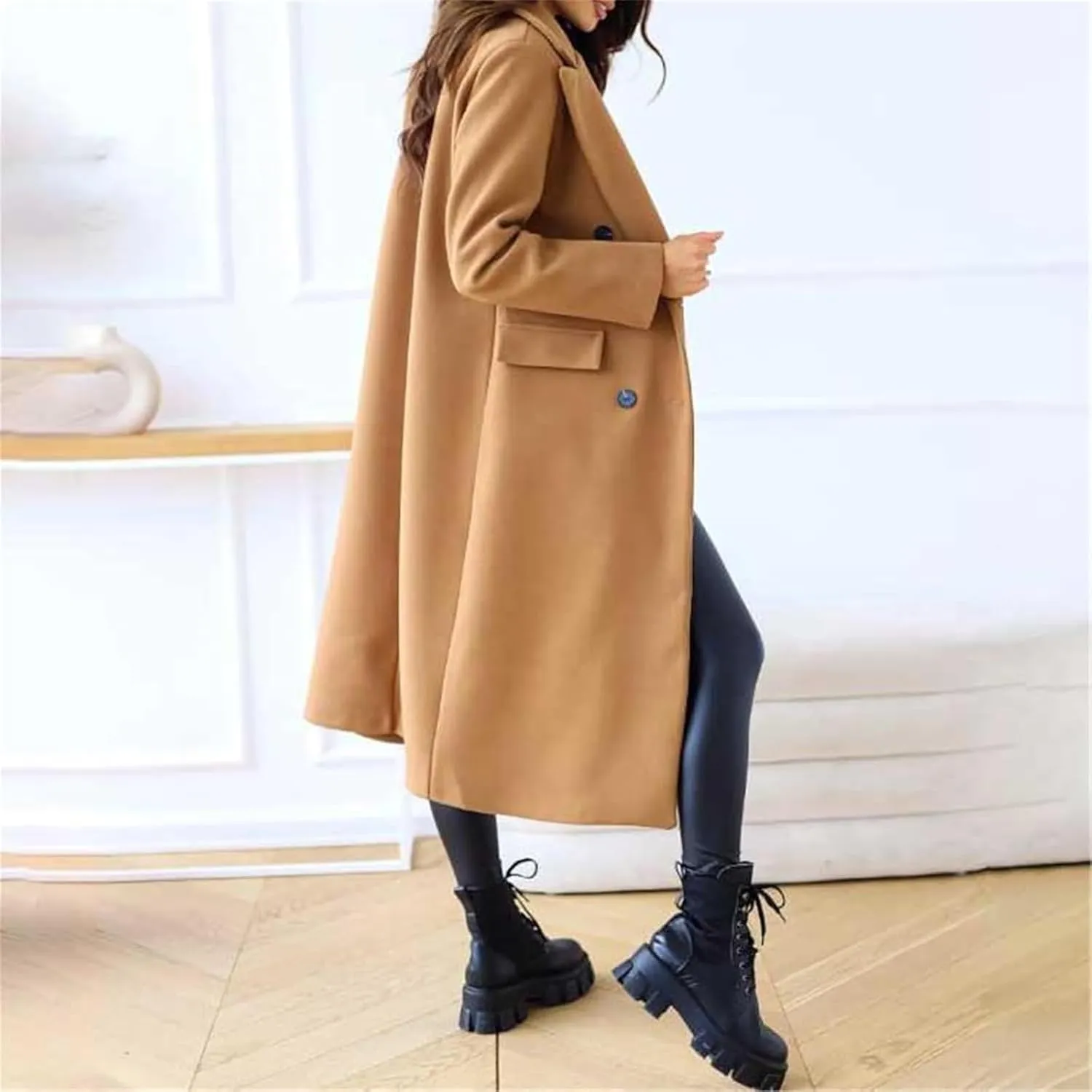 Women's Double Breasted Pea Coat,Classic Notched Collar Mid-Long Wool Blend Trench Coat,Womens Winter Coats Long