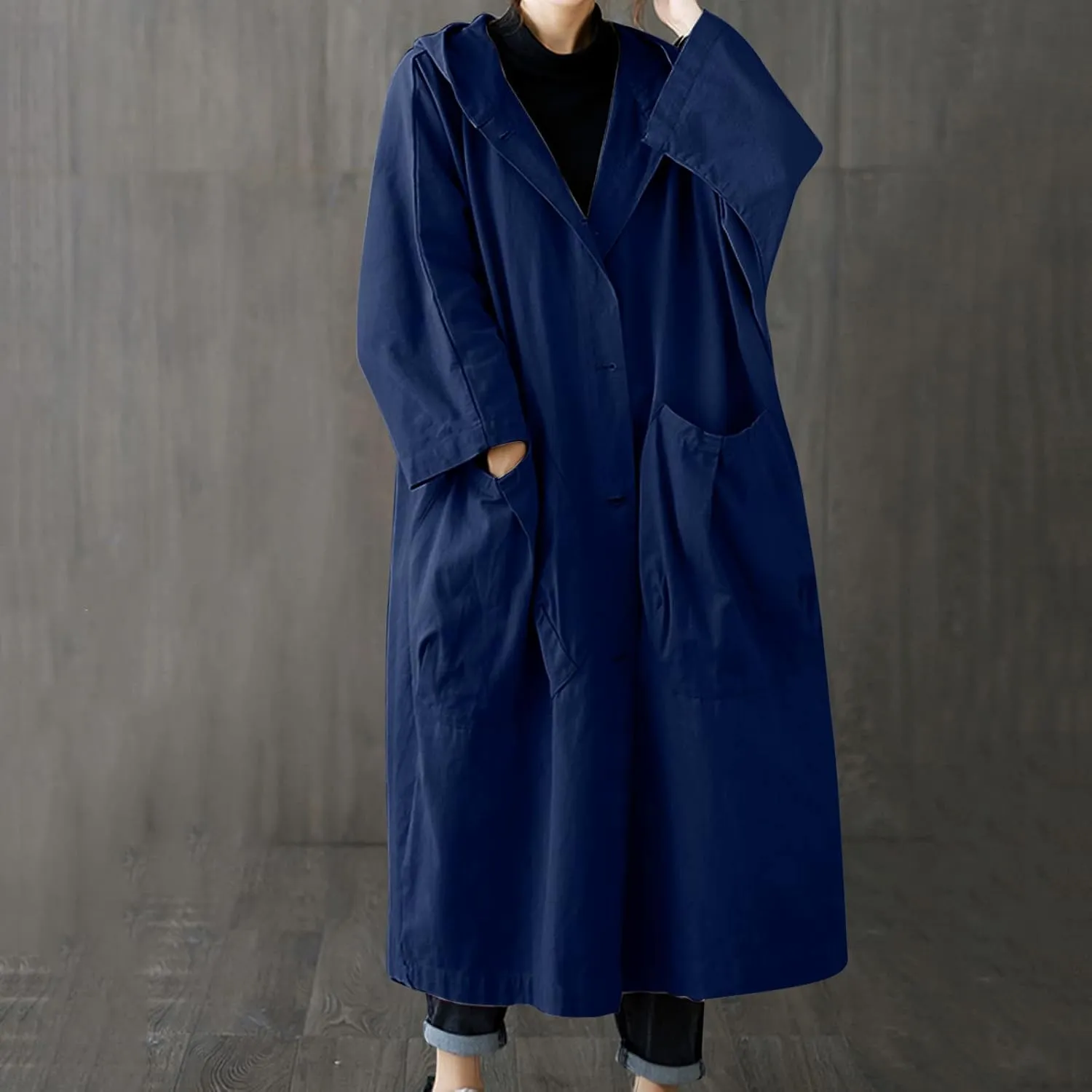 Womens Double Breasted Trench Coat Pocket Cardigan Button Top Sweater Knit Hooded Coat Slim Outerwear Coats Trench