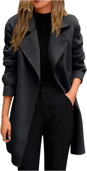 Women's Elegant Trench Coat Notched Collar Overcoat Wool Blend Pea Coats Long Sleeve Lapel Cardigans Classic Peacoat Black