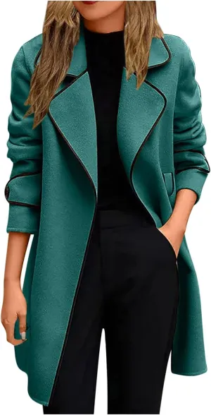 Women's Elegant Trench Coat Notched Collar Overcoat Wool Blend Pea Coats Long Sleeve Lapel Cardigans Classic Peacoat