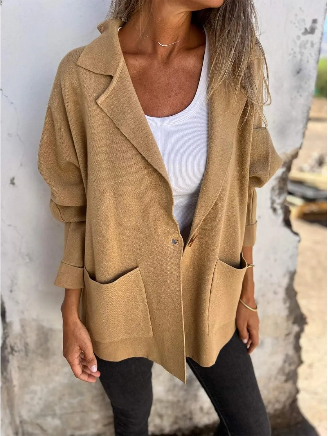 Womens Fall Fashion 2024 Open Front Knit Cardigan Long Sleeve Lapel Coat Casual Solid Classy Sweater Jacket