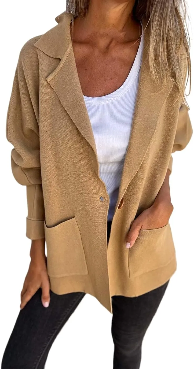 Womens Fall Fashion 2024 Open Front Knit Cardigan Long Sleeve Lapel Coat Casual Solid Classy Sweater Jacket