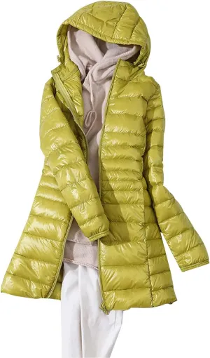 Womens Fashion Drawstring Solid Long Puffer Coat Warm Casual Slim Fit Quilted Down Jacket Zipper Hooded Outdoor Outwear