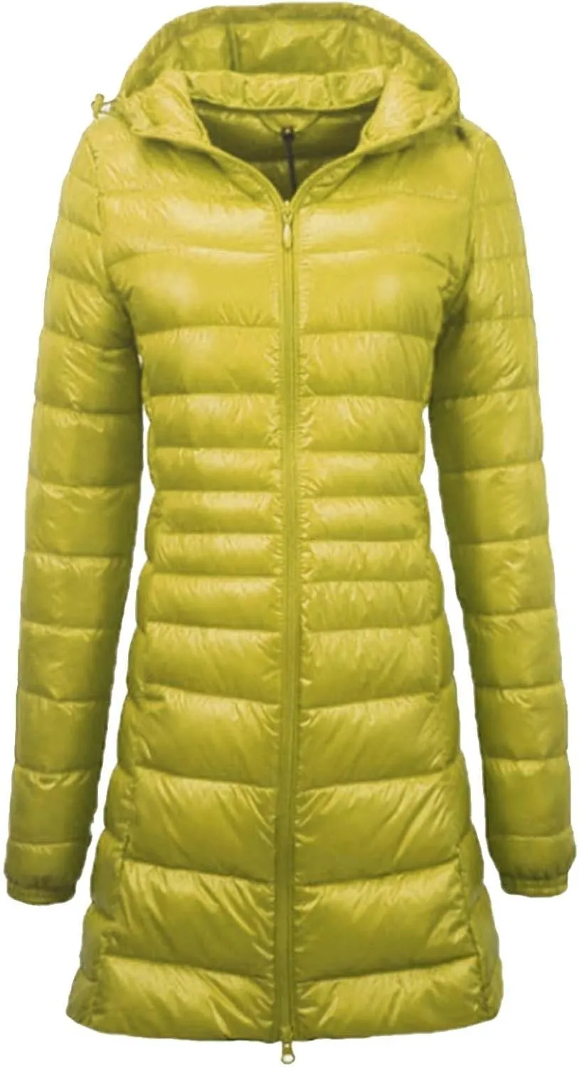 Womens Fashion Drawstring Solid Long Puffer Coat Warm Casual Slim Fit Quilted Down Jacket Zipper Hooded Outdoor Outwear
