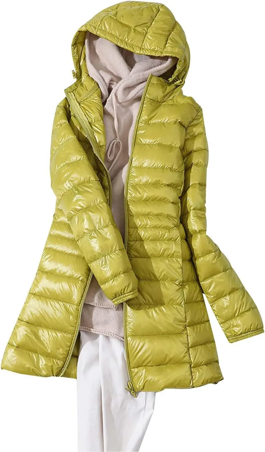 Womens Fashion Drawstring Solid Long Puffer Coat Warm Casual Slim Fit Quilted Down Jacket Zipper Hooded Outdoor Outwear