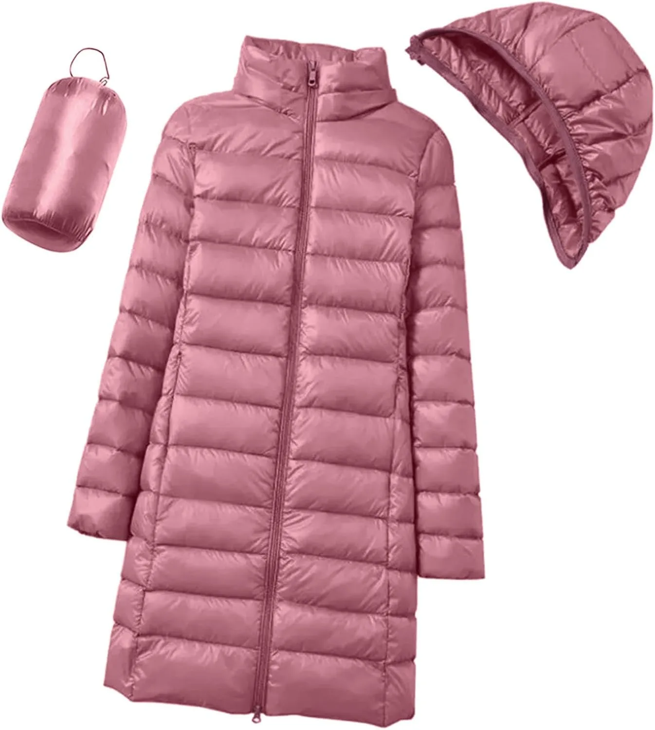 Womens Fashion Full Zip Solid Long Puffer Coats Long Sleeve Removeable Hood Down Coats Insulated Windproof Soft Jackets