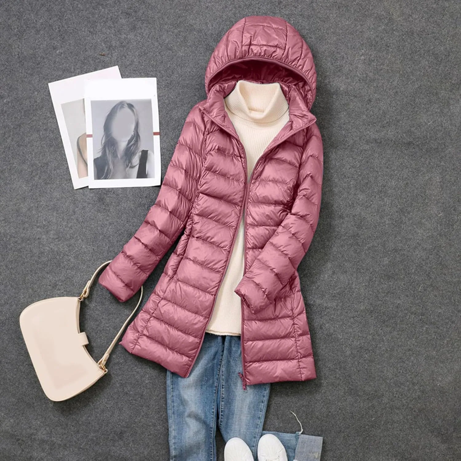 Womens Fashion Full Zip Solid Long Puffer Coats Long Sleeve Removeable Hood Down Coats Insulated Windproof Soft Jackets