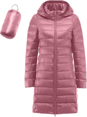 Womens Fashion Full Zip Solid Long Puffer Coats Long Sleeve Removeable Hood Down Coats Insulated Windproof Soft Jackets