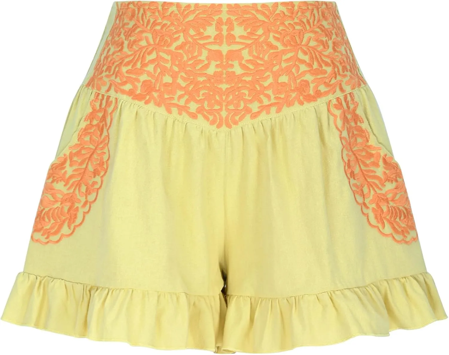 Women's Fashion Ruffle Hem Embroidery Shorts, Ruched Mid Waist Lightweight Casual Clothes Athletic Workout Shorts