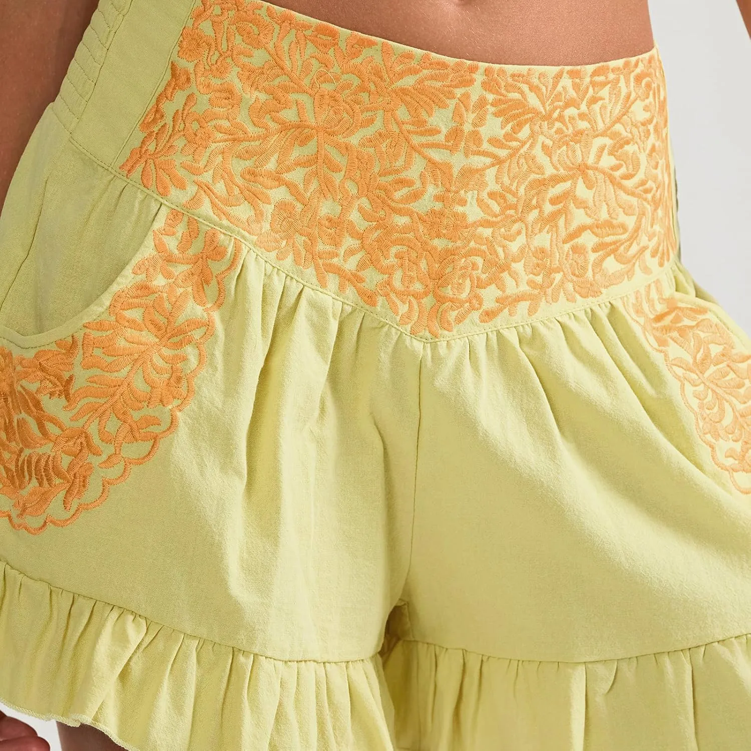 Women's Fashion Ruffle Hem Embroidery Shorts, Ruched Mid Waist Lightweight Casual Clothes Athletic Workout Shorts