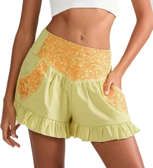 Women's Fashion Ruffle Hem Embroidery Shorts, Ruched Mid Waist Lightweight Casual Clothes Athletic Workout Shorts