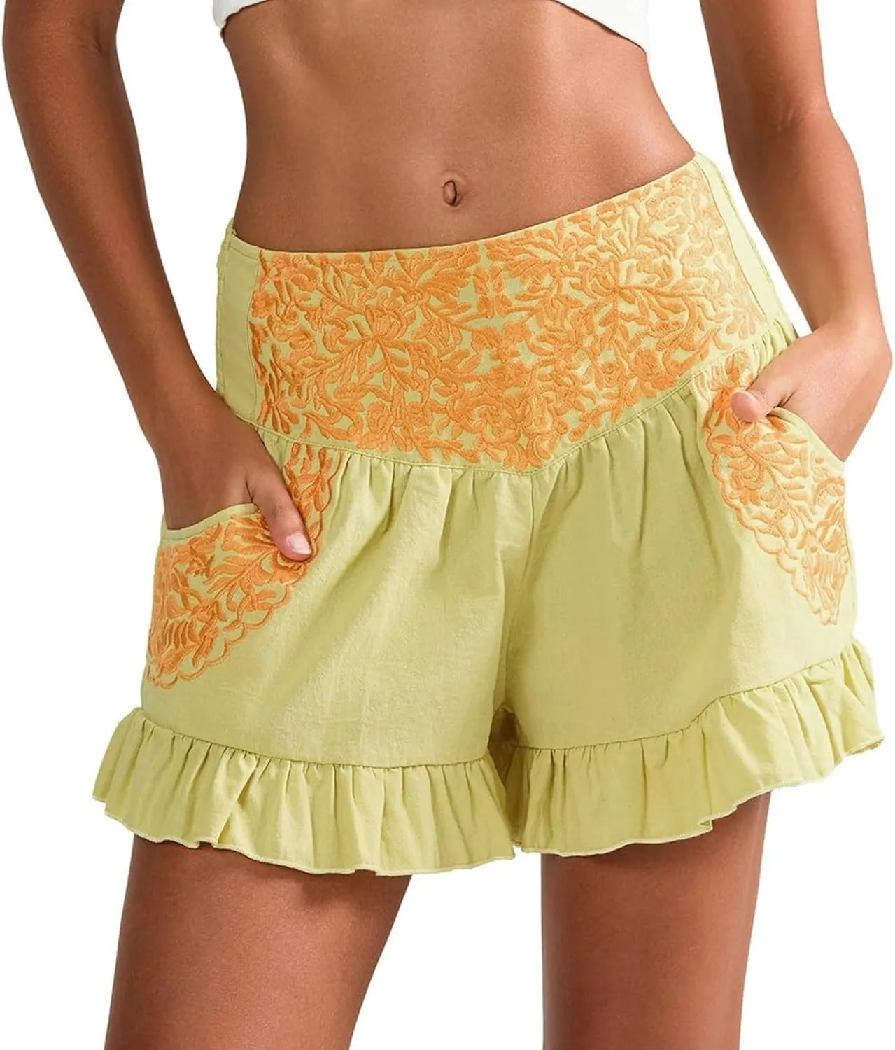 Women's Fashion Ruffle Hem Embroidery Shorts, Ruched Mid Waist Lightweight Casual Clothes Athletic Workout Shorts