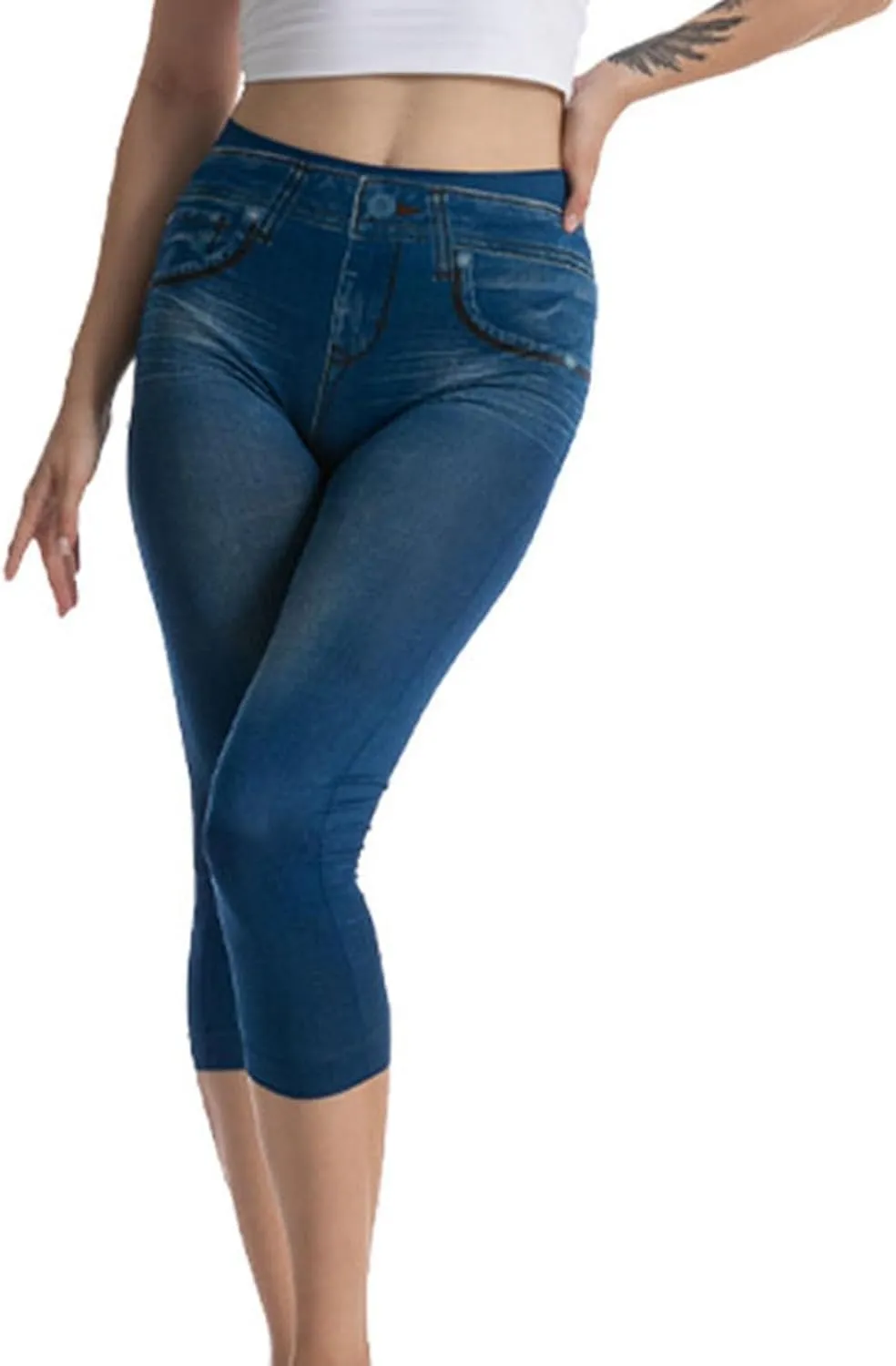 Womens Faux Denim Capri Pants Leggings High Waisted Yoga Pants Hip-Lifting Slim Fit Short Tights Stretch Faux Jeans
