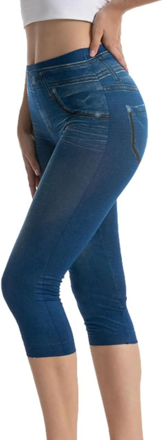 Womens Faux Denim Capri Pants Leggings High Waisted Yoga Pants Hip-Lifting Slim Fit Short Tights Stretch Faux Jeans