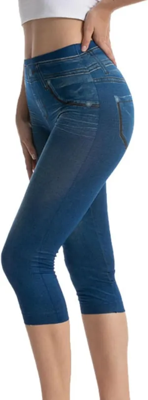 Womens Faux Denim Capri Pants Leggings High Waisted Yoga Pants Hip-Lifting Slim Fit Short Tights Stretch Faux Jeans