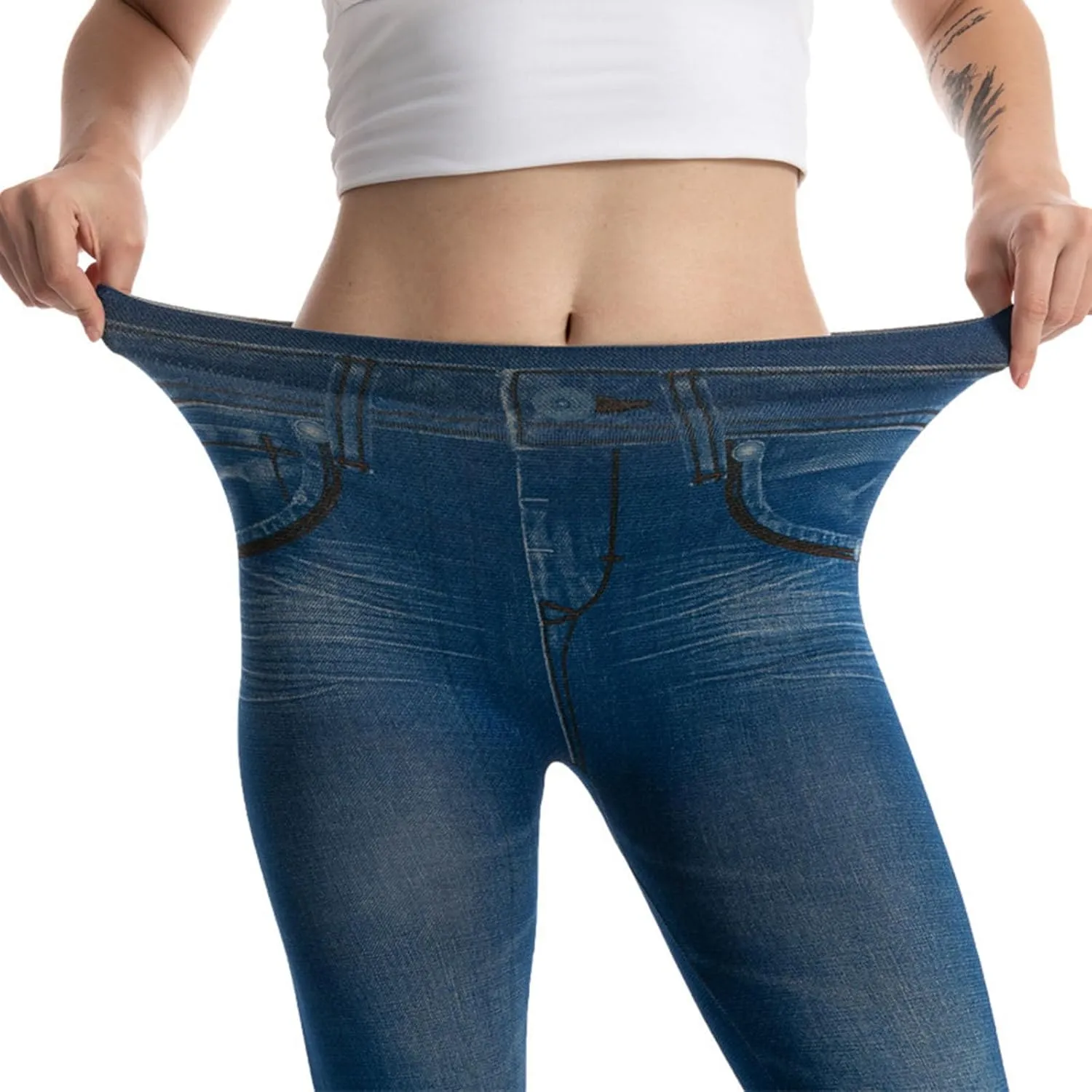 Womens Faux Denim Capri Pants Leggings High Waisted Yoga Pants Hip-Lifting Slim Fit Short Tights Stretch Faux Jeans