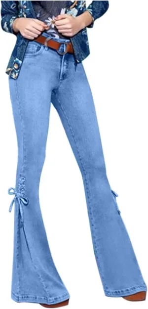 Womens Flare Bell Bottom Jeans High Waisted Stretchy Skinny Side Lace-Up Bootcut Jeans Casual Vintage Y2k Denim Pants