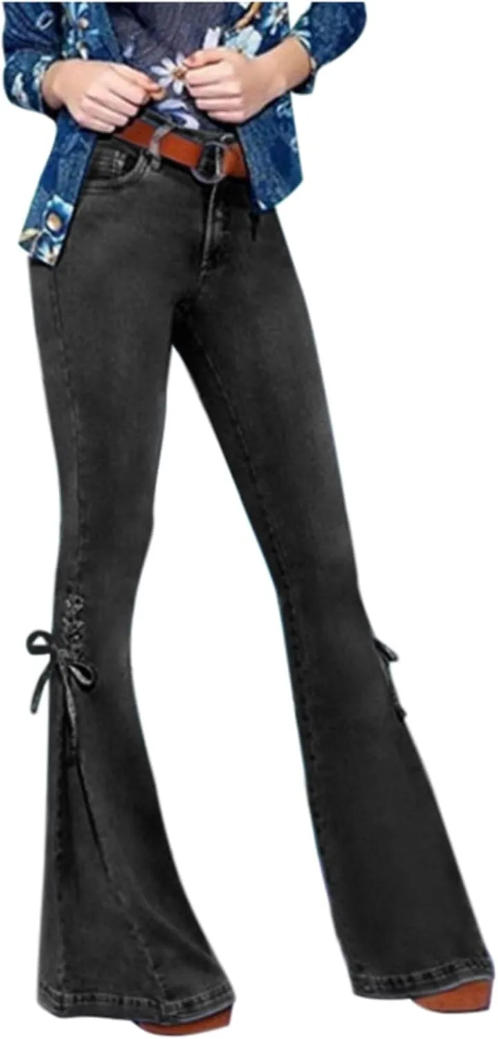 Womens Flare Bell Bottom Jeans High Waisted Stretchy Skinny Side Lace-Up Bootcut Jeans Casual Vintage Y2k Denim Pants
