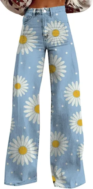 Women's Flare Jeans Wide Leg Baggy Pant 2025 Vintage Floral Print High Waisted Straight Stretch Pants with Pockets