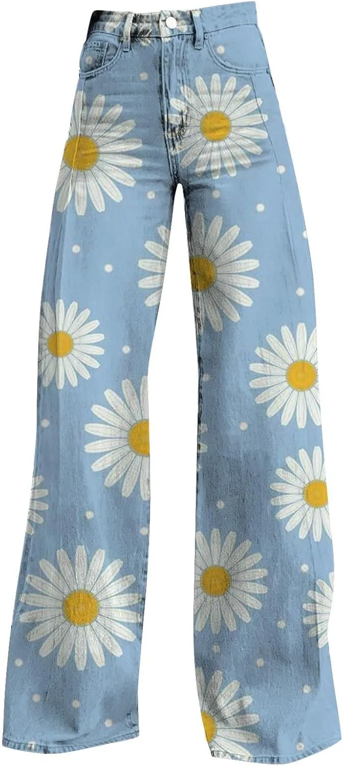 Women's Flare Jeans Wide Leg Baggy Pant 2025 Vintage Floral Print High Waisted Straight Stretch Pants with Pockets