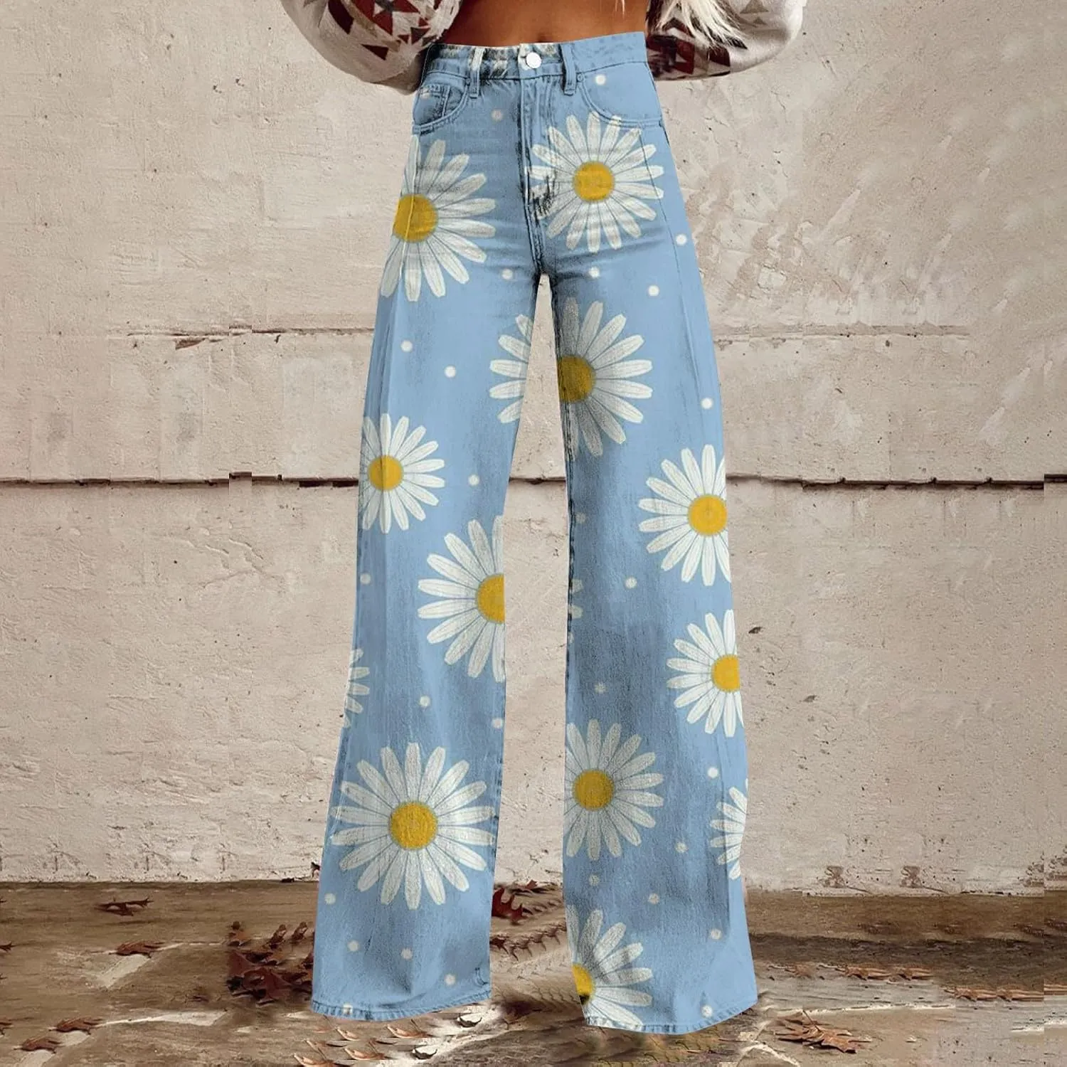 Women's Flare Jeans Wide Leg Baggy Pant 2025 Vintage Floral Print High Waisted Straight Stretch Pants with Pockets
