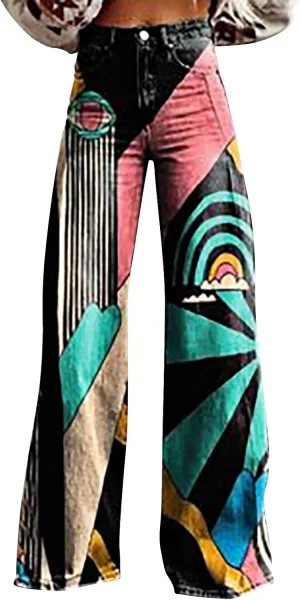 Women's Flare Jeans Wide Leg Baggy Pant Vintage Floral Print High Waisted Straight Stretch Pants with Pocket 2025