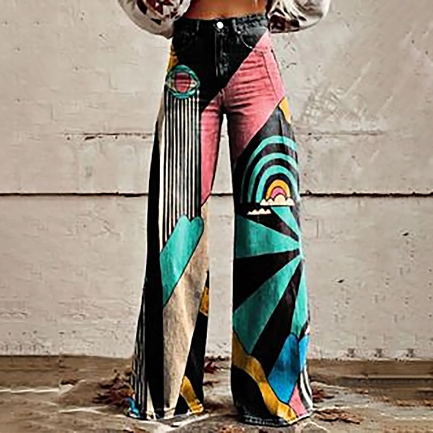 Women's Flare Jeans Wide Leg Baggy Pant Vintage Floral Print High Waisted Straight Stretch Pants with Pocket 2025