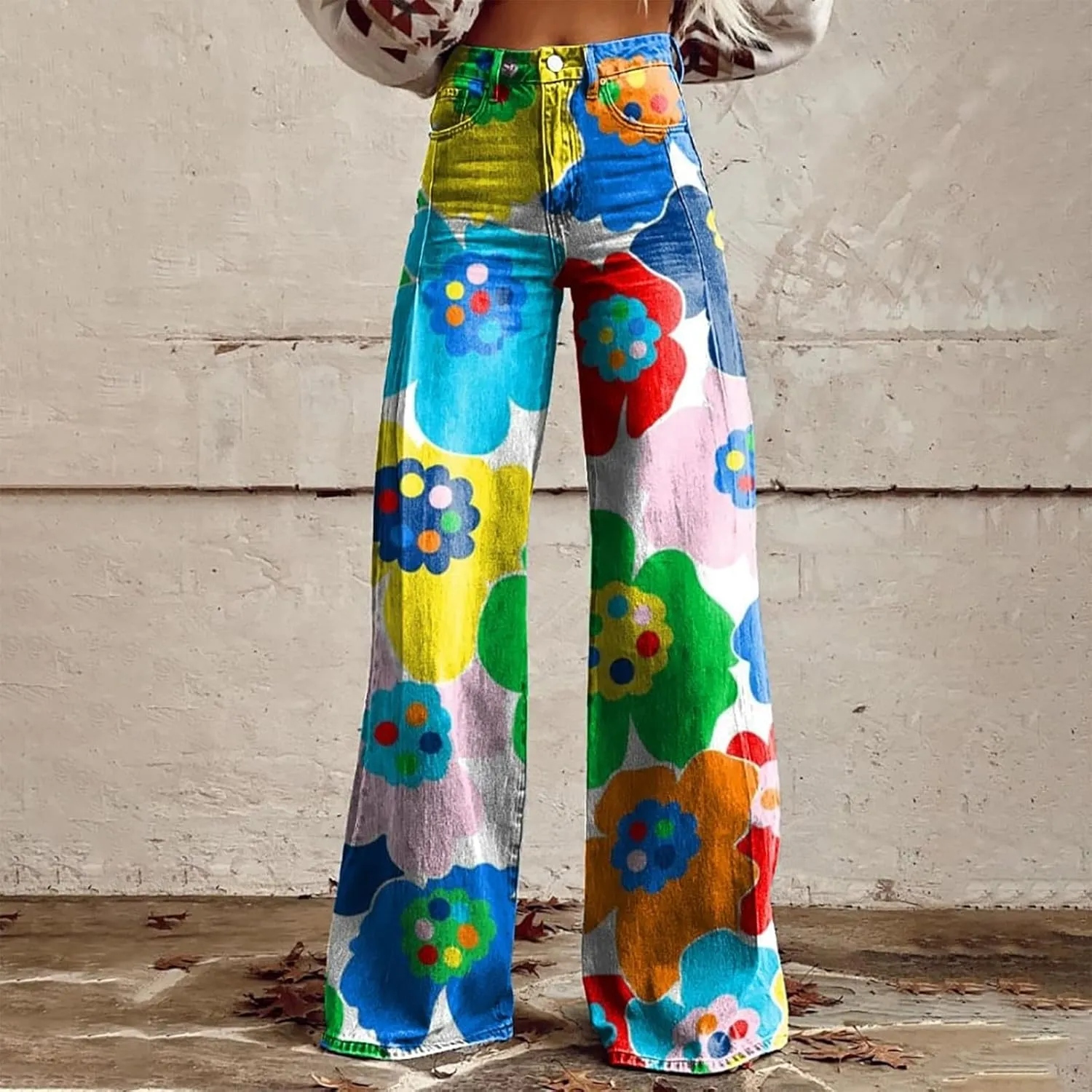 Women's Flare Jeans Wide Leg Baggy Pant Vintage Floral Print High Waisted Straight Stretch Pants with Pocket 2025