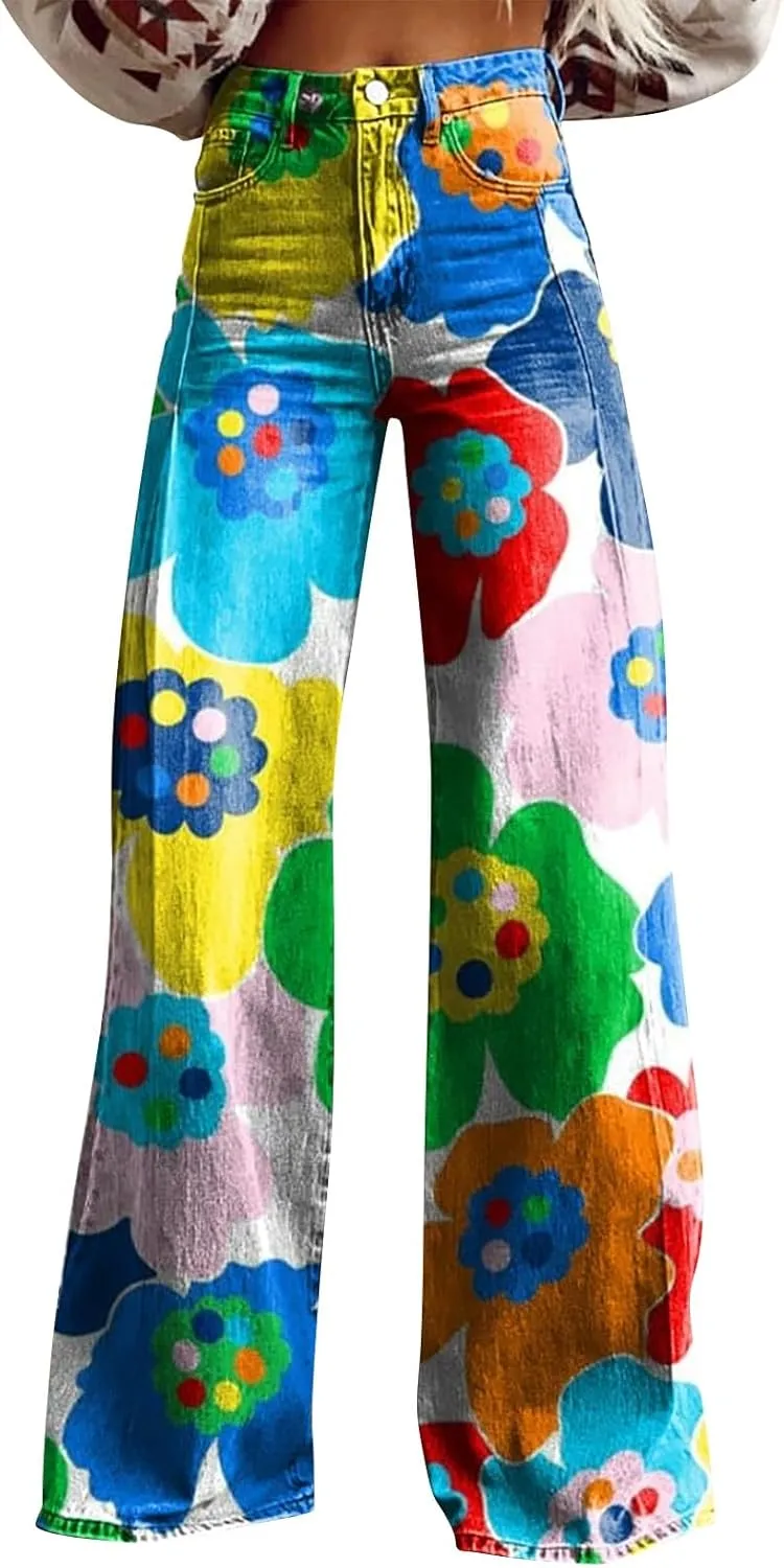 Women's Flare Jeans Wide Leg Baggy Pant Vintage Floral Print High Waisted Straight Stretch Pants with Pocket 2025