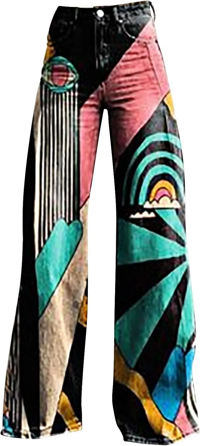 Women's Flare Jeans Wide Leg Baggy Pant Vintage Floral Print High Waisted Straight Stretch Pants with Pocket 2025