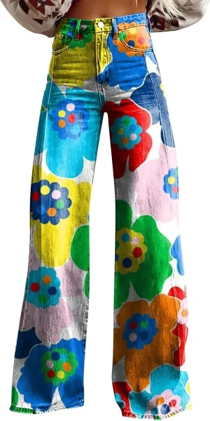 Women's Flare Jeans Wide Leg Baggy Pant Vintage Floral Print High Waisted Straight Stretch Pants with Pocket 2025