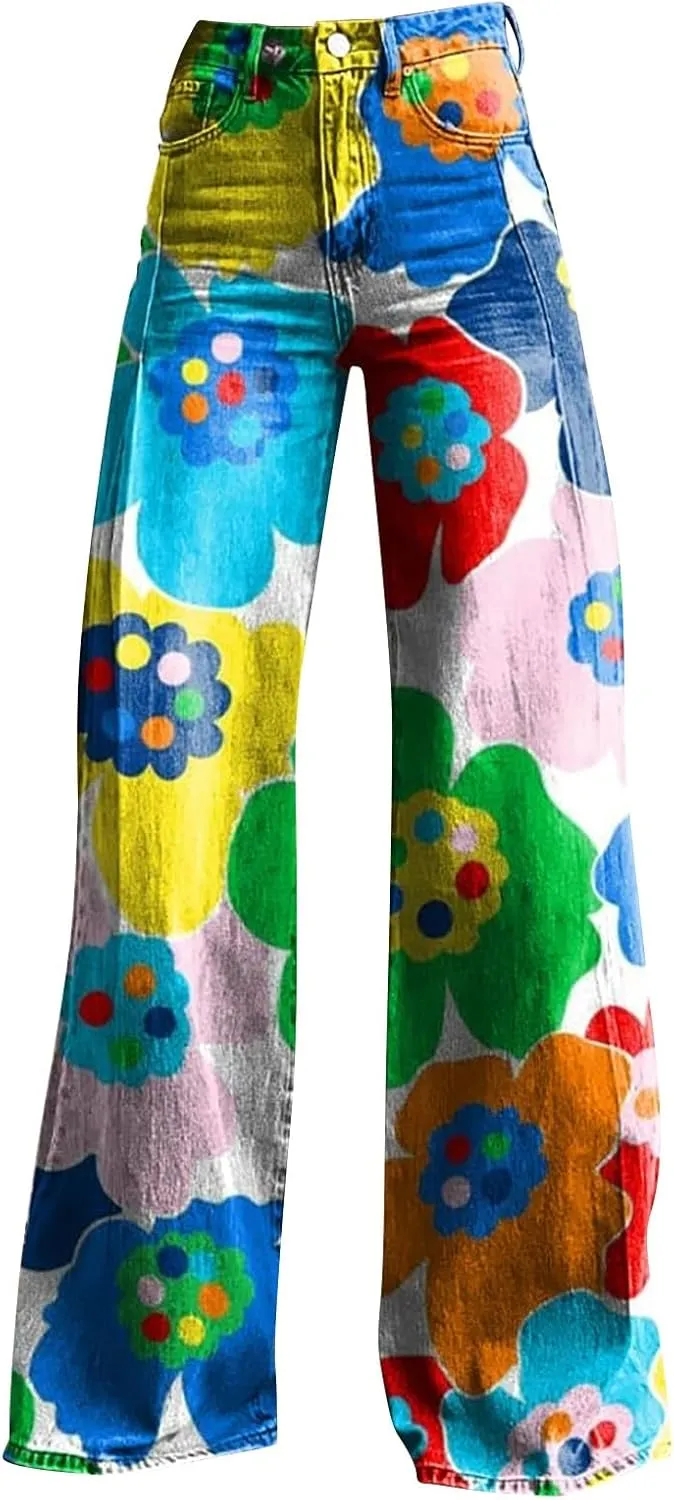 Women's Flare Jeans Wide Leg Baggy Pant Vintage Floral Print High Waisted Straight Stretch Pants with Pocket 2025