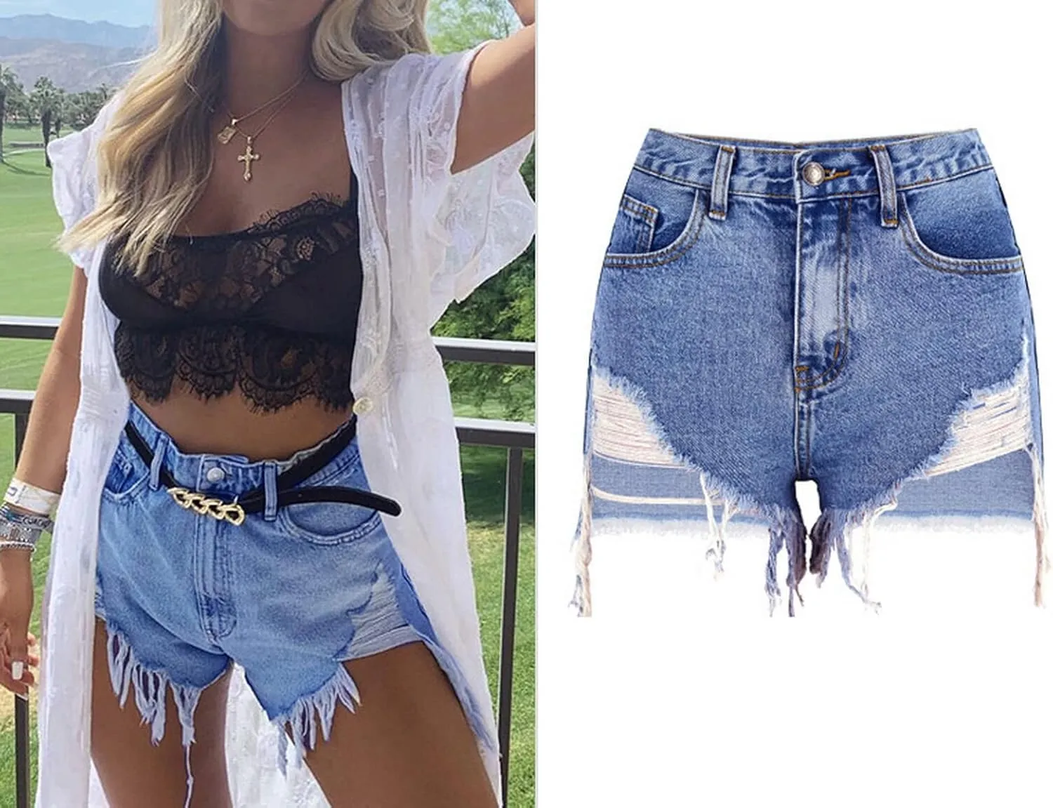 Women's High Waist Hem Shredded Denim Shorts