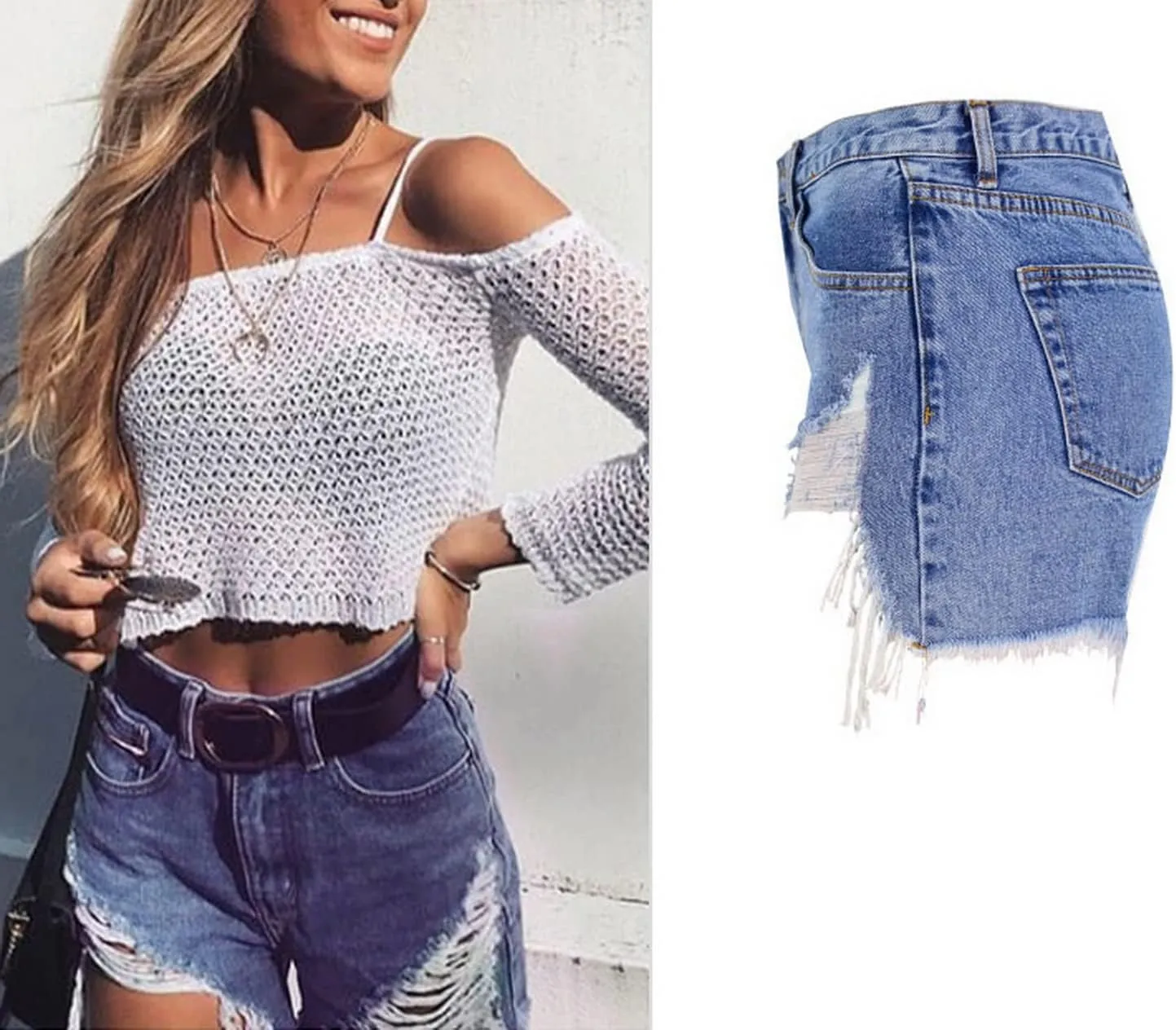 Women's High Waist Hem Shredded Denim Shorts