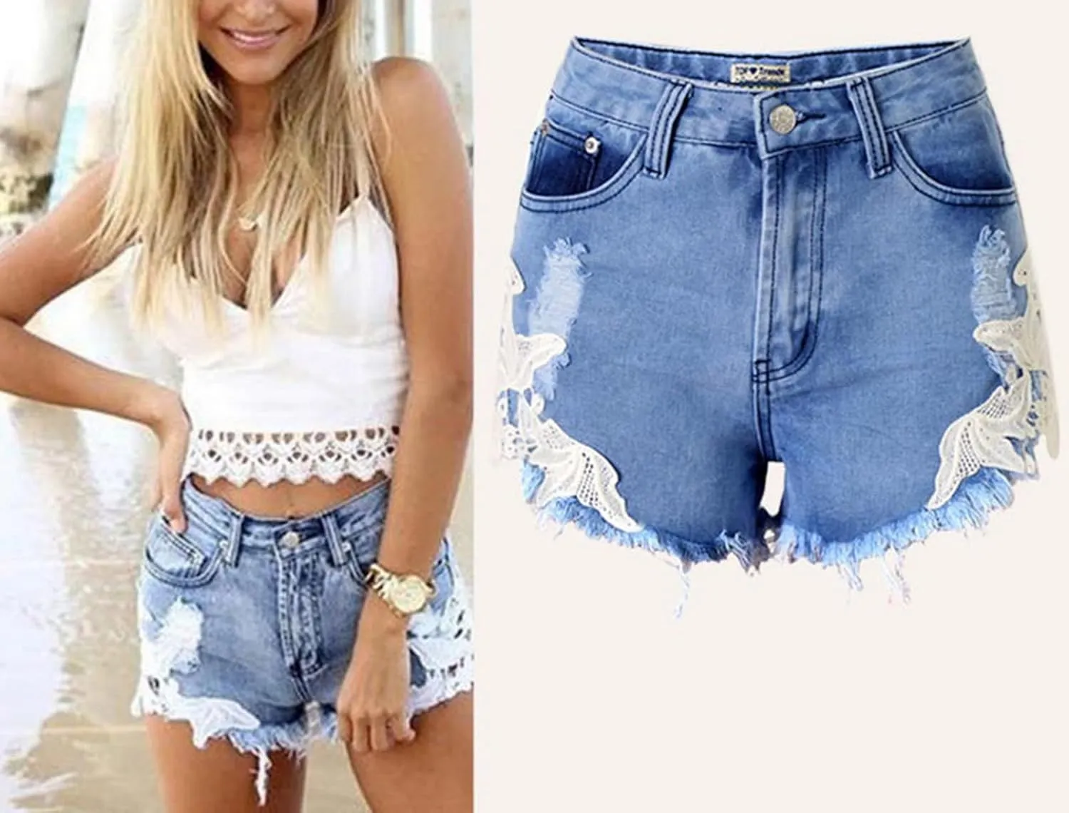 Women's High Waist Hem Shredded Denim Shorts