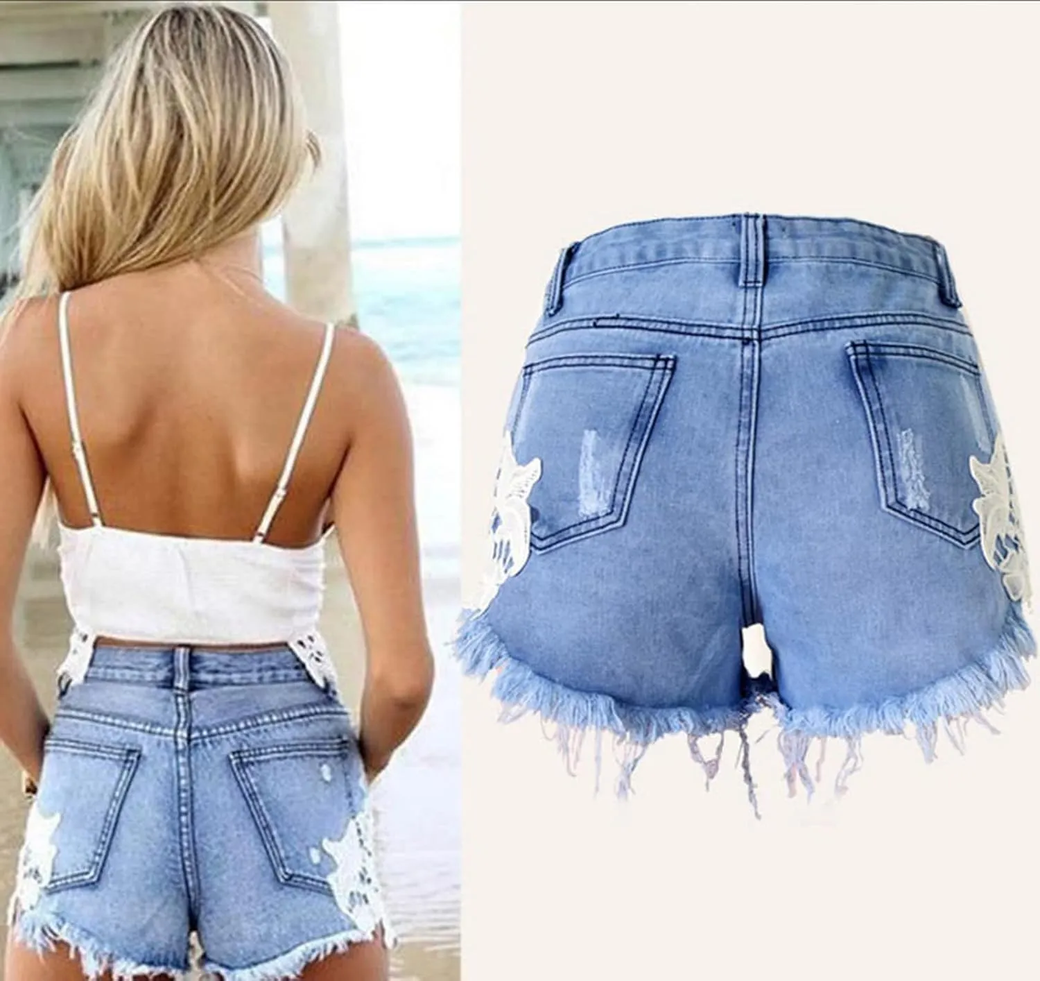 Women's High Waist Hem Shredded Denim Shorts