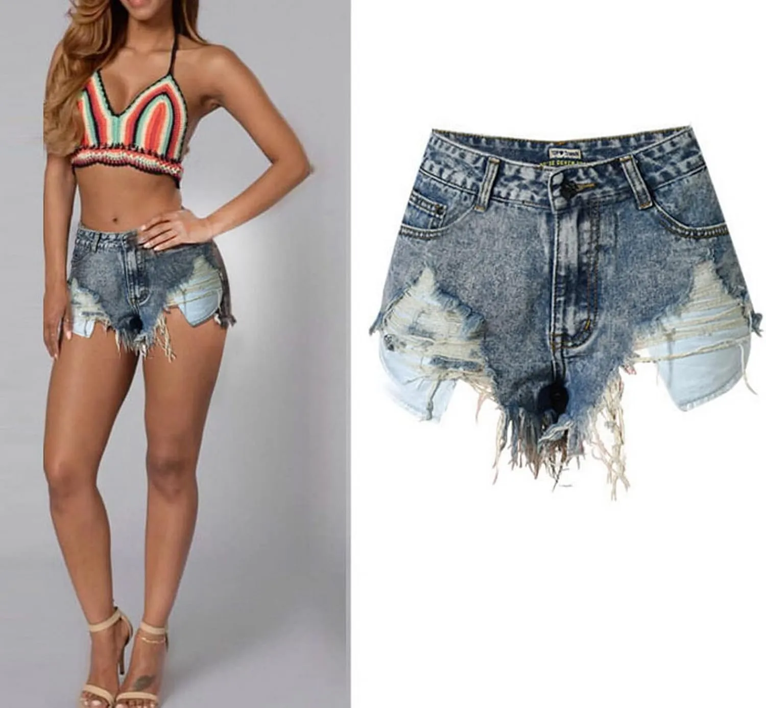 Women's High Waist Hem Shredded Denim Shorts