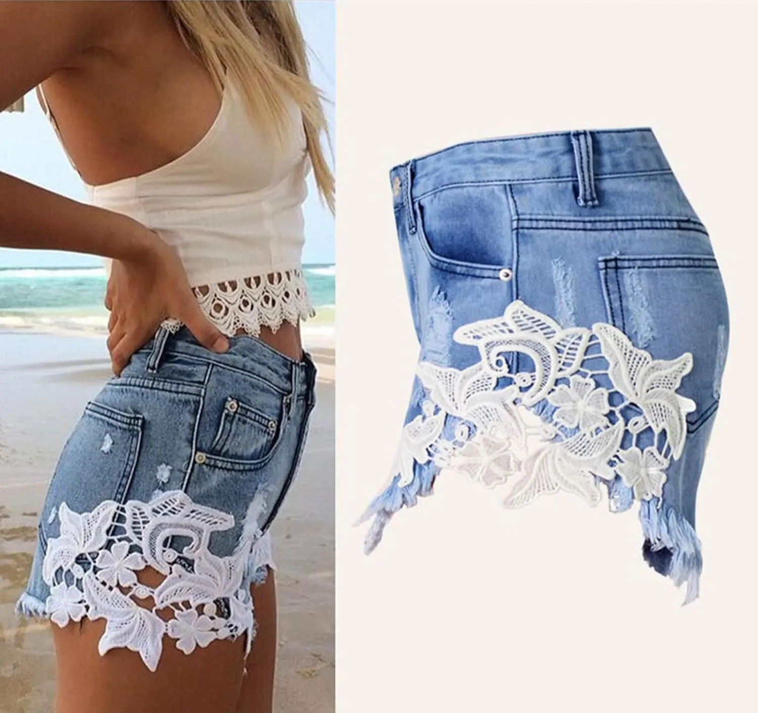 Women's High Waist Hem Shredded Denim Shorts