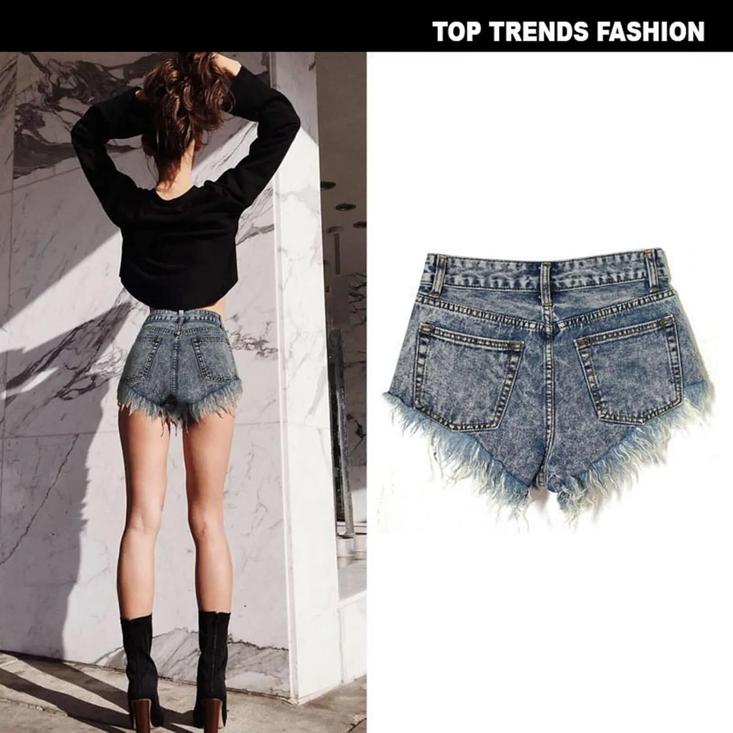 Women's High Waist Hem Shredded Denim Shorts