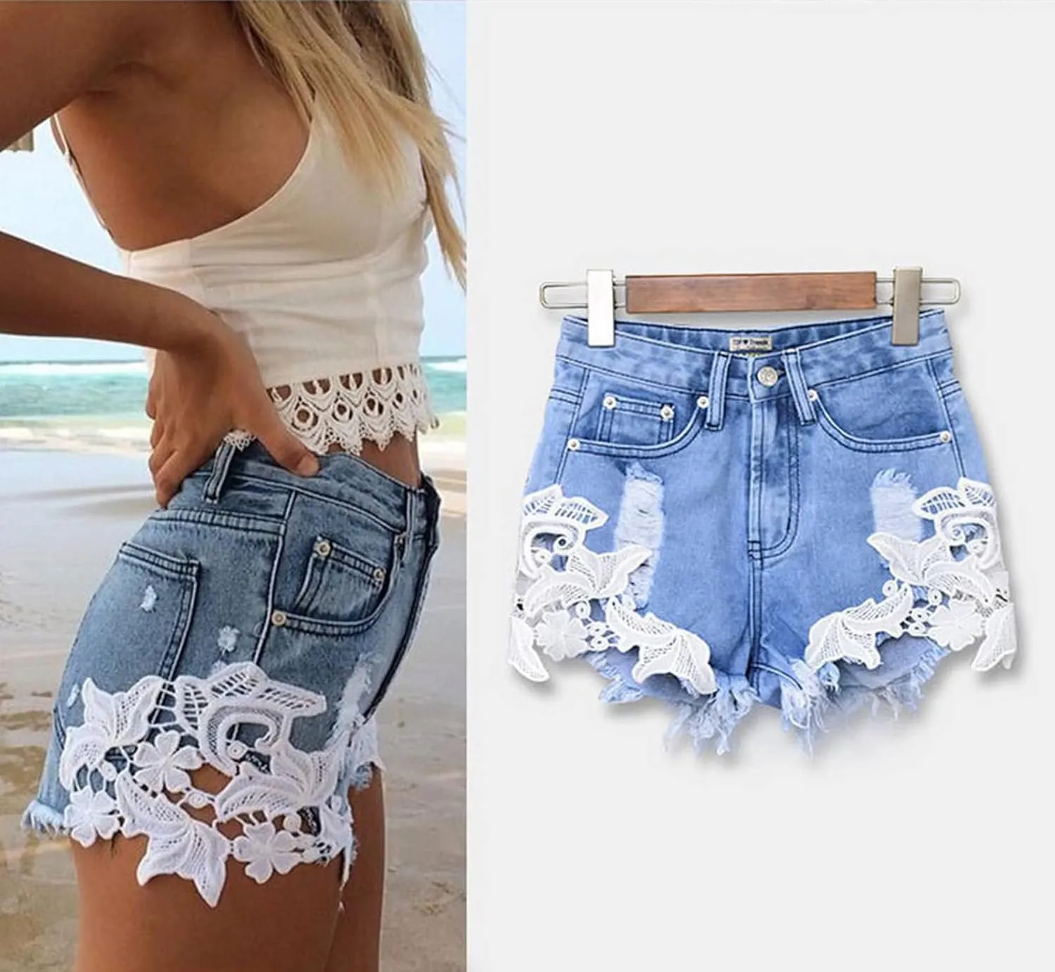 Women's High Waist Hem Shredded Denim Shorts