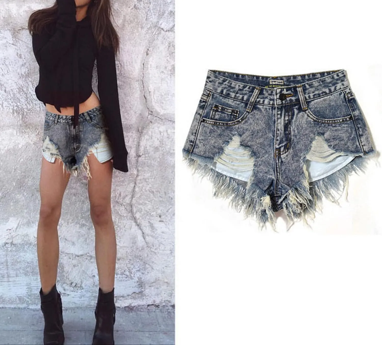 Women's High Waist Hem Shredded Denim Shorts