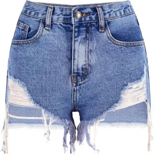 Women's High Waist Hem Shredded Denim Shorts