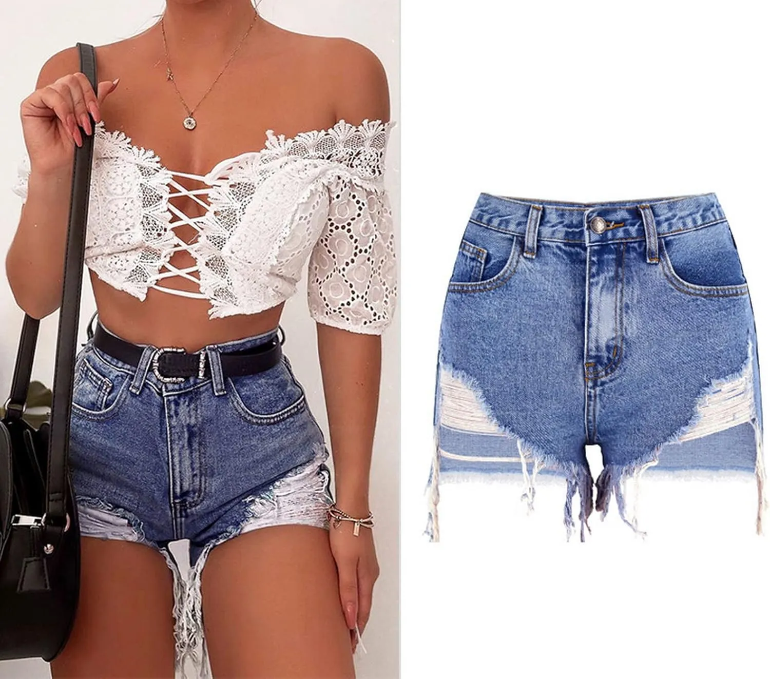 Women's High Waist Hem Shredded Denim Shorts