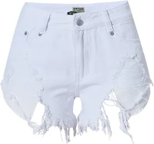 Women's High Waist Hem Shredded Denim Shorts