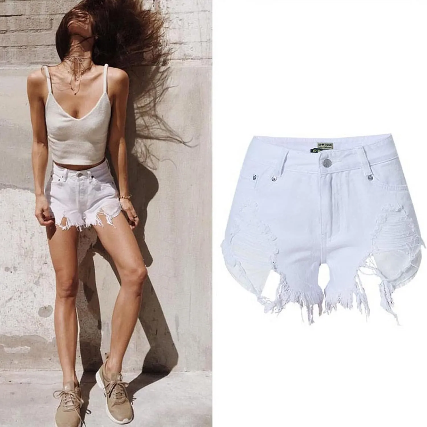 Women's High Waist Hem Shredded Denim Shorts