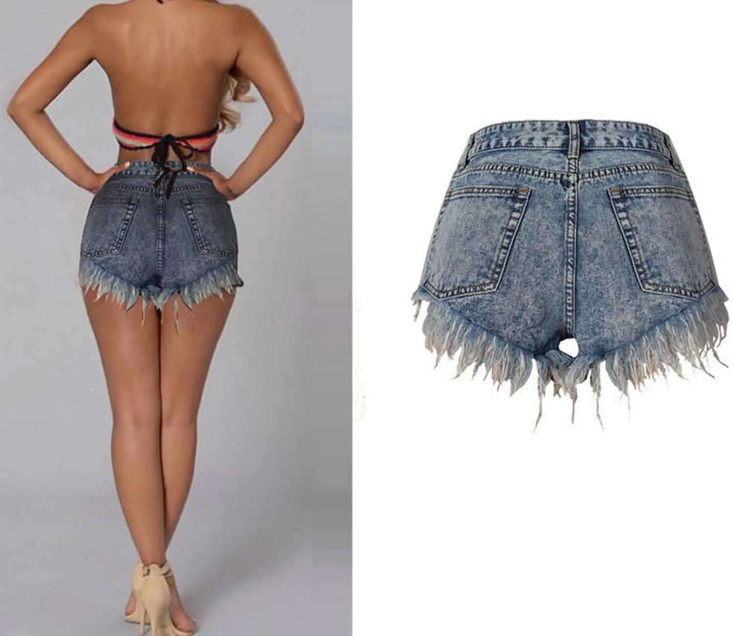 Women's High Waist Hem Shredded Denim Shorts