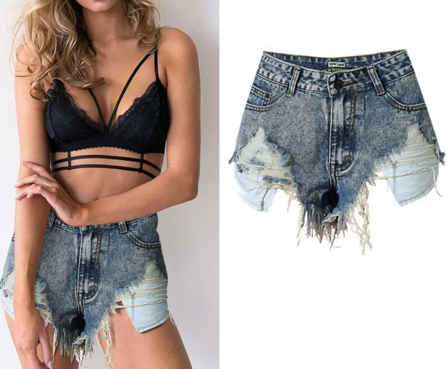 Women's High Waist Hem Shredded Denim Shorts