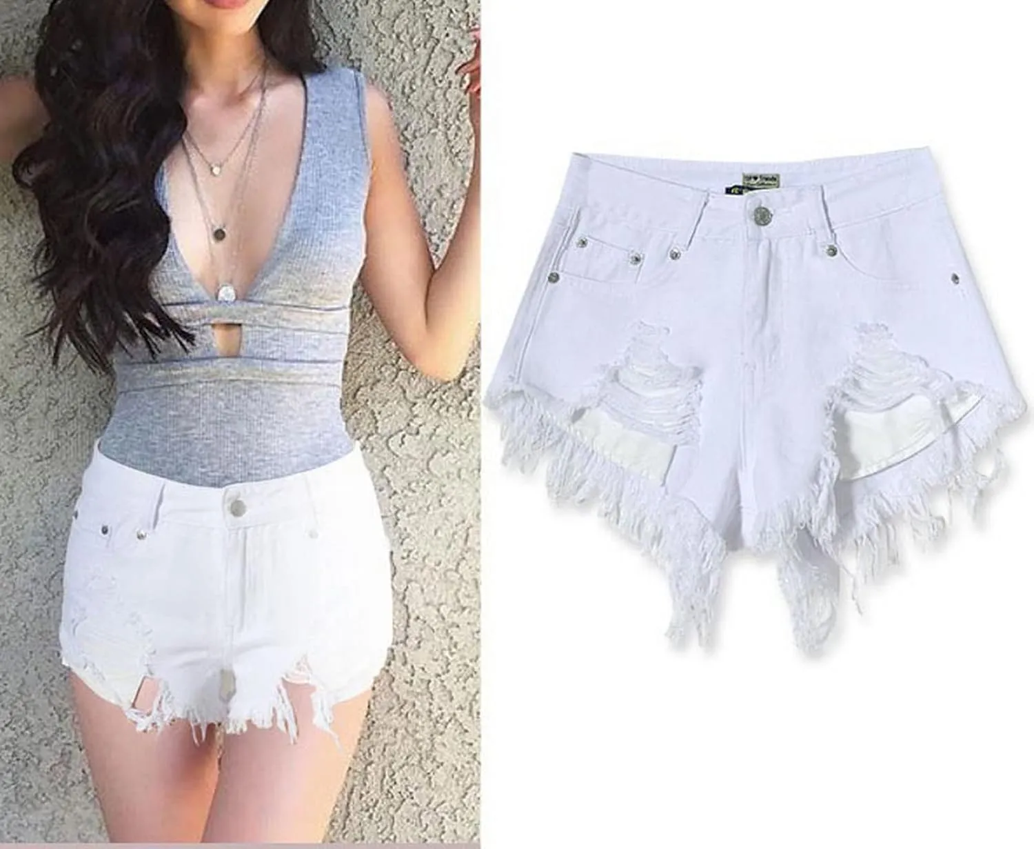 Women's High Waist Hem Shredded Denim Shorts