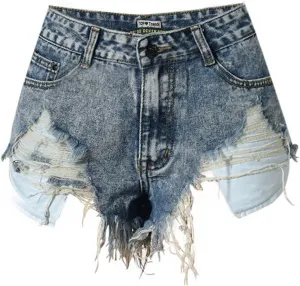 Women's High Waist Hem Shredded Denim Shorts