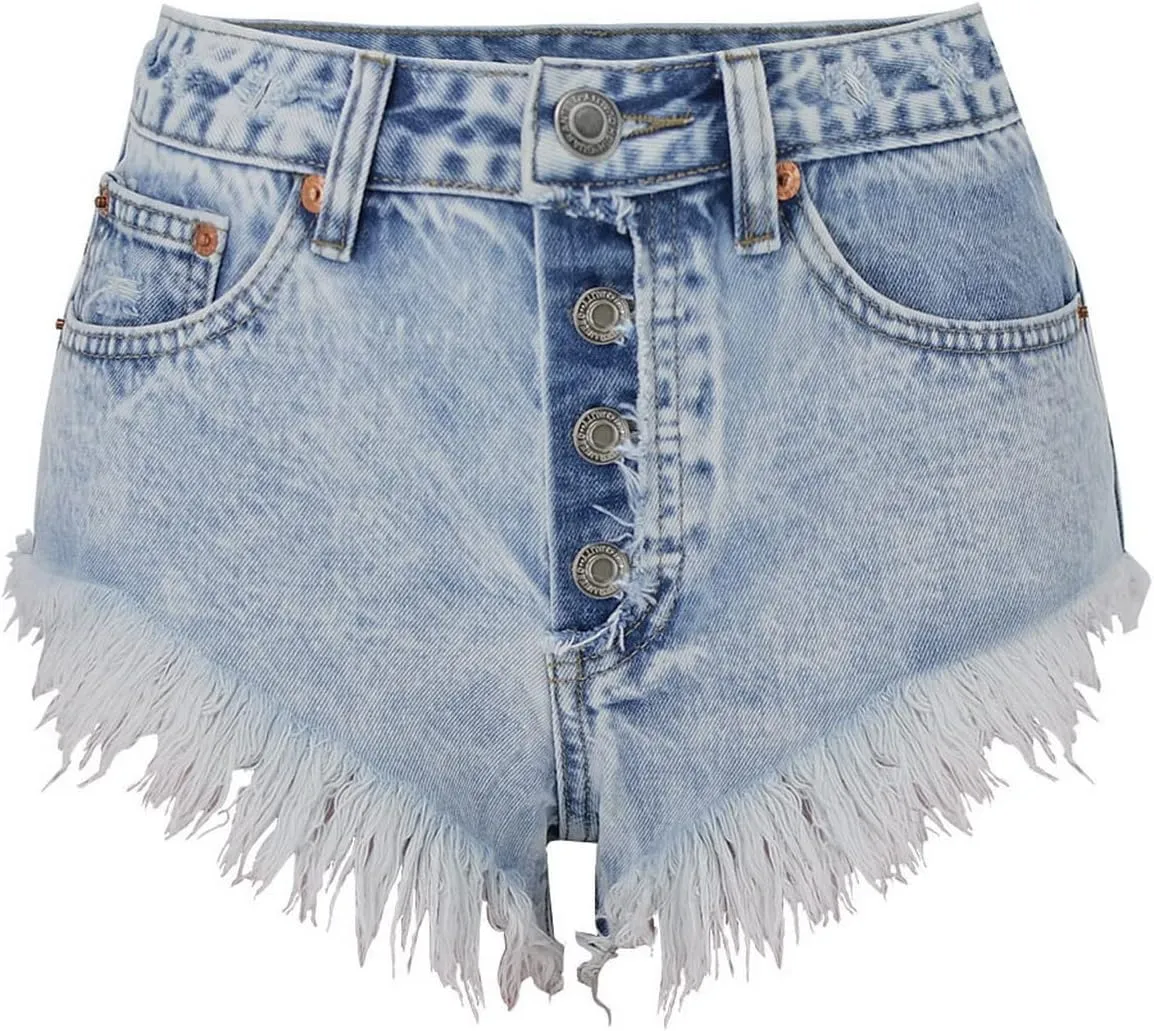Women's High Waist Hem Shredded Denim Shorts
